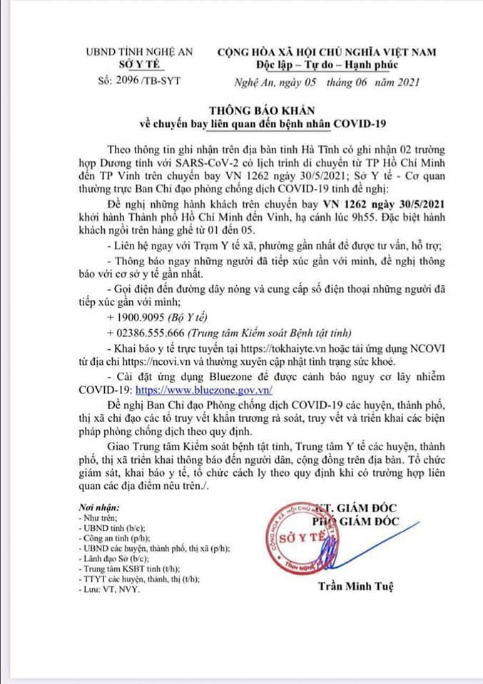 Nghệ An: Tìm người đi cùng 2 bệnh nhân COVID-19 trên chuyến bay VN 1262 ngày 30/5/2021