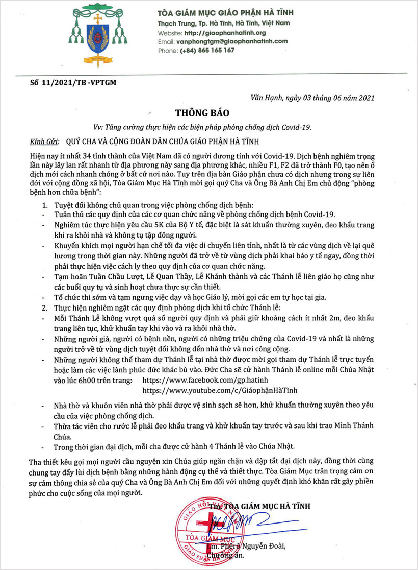 Tòa Giám mục Giáo phận Hà Tĩnh hoãn nhiều hoạt động quan trọng để chung tay phòng chống dịch Covid-19