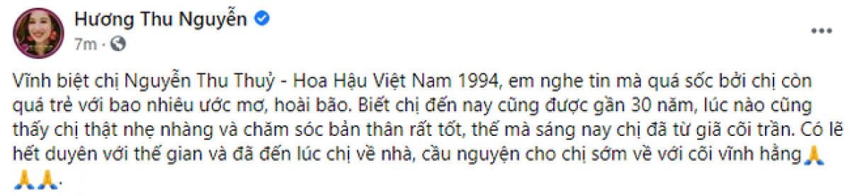 Dàn nghệ sĩ Việt bàng hoàng, xót xa khi Hoa hậu Nguyễn Thu Thủy qua đời vì đột quỵ