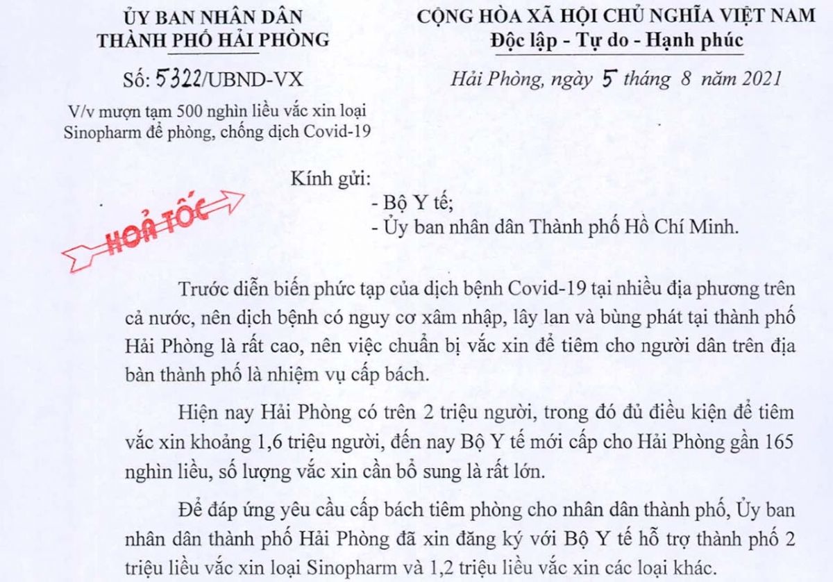 Hải Phòng đề nghị TP.HCM cho mượn 500.000 liều vaccine Sinopharm