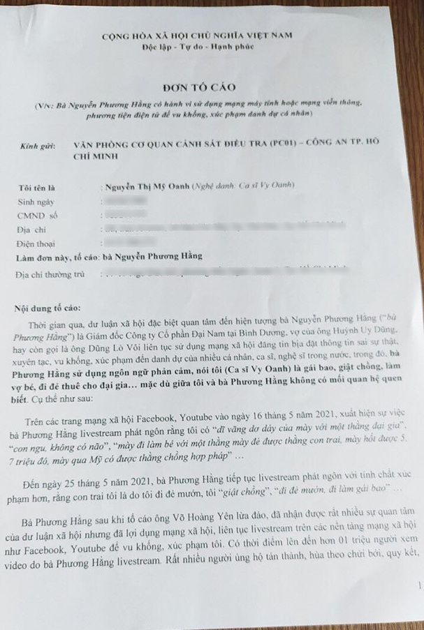 Ca sĩ Vy Oanh chính thức khởi kiện CEO Nguyễn Phương Hằng