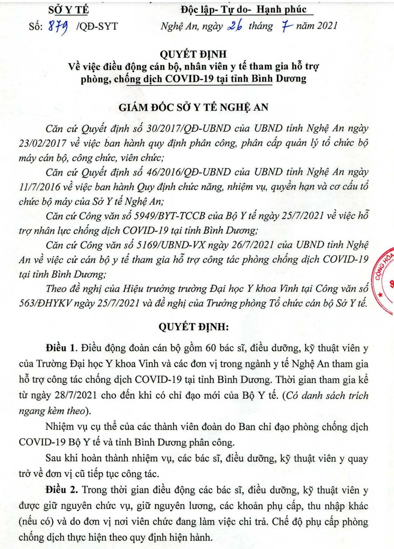 Nghệ An cử 60 y, bác sĩ vào hỗ trợ tỉnh Bình Dương chống dịch Covid-19