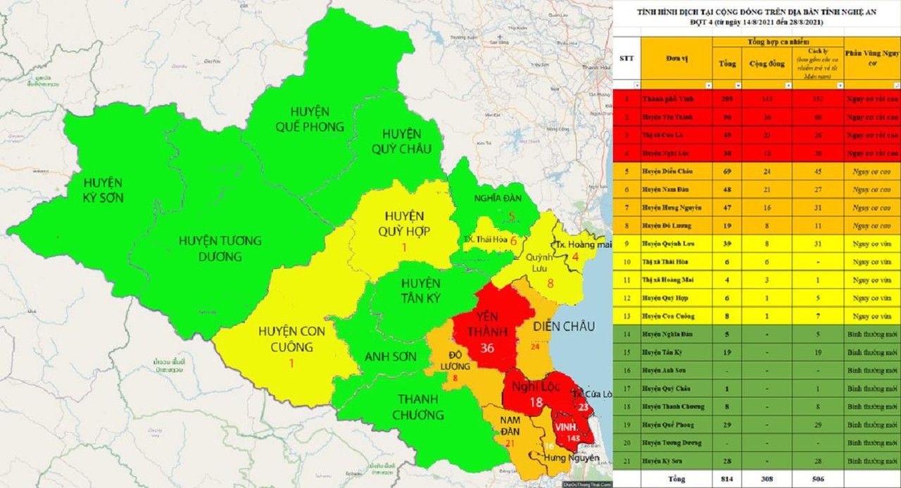 Bản đồ các vùng dịch Covid-19 của Nghệ An