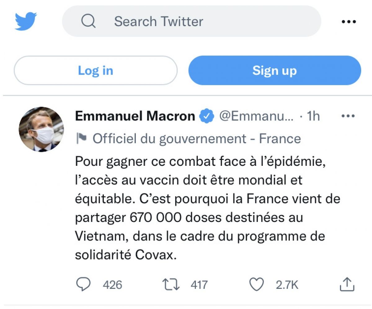 Tổng thống Pháp Macron thông báo chia sẻ 670.000 liều vaccine Covid-19 cho Việt Nam