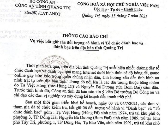 Quảng Trị triệt phá đường dây đánh bạc hàng trăm tỷ, bắt nhiều đối tượng