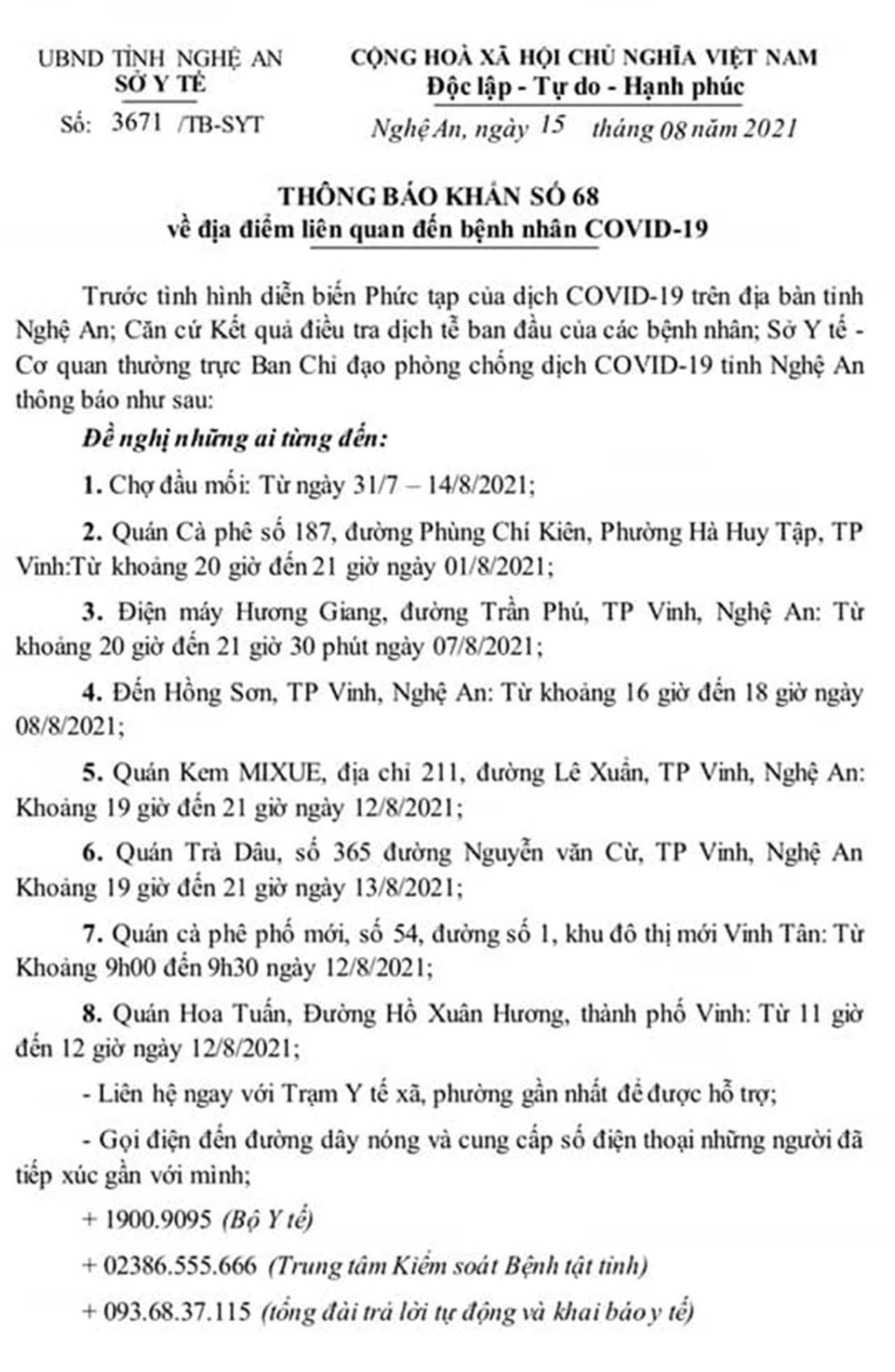 Nghệ An: Thông báo khẩn 8 địa điểm liên quan đến bệnh nhân Covid-19