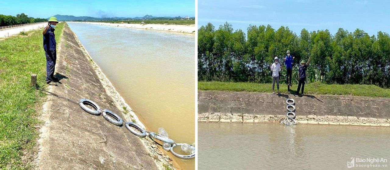 Dùng lốp, xích xe máy cũ làm phao cứu sinh trên sông Đào ở Yên Thành