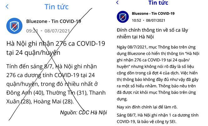 Bluezone đính chính đưa tin sai sự thật số ca nhiễm Covid-19 tại Hà Nội