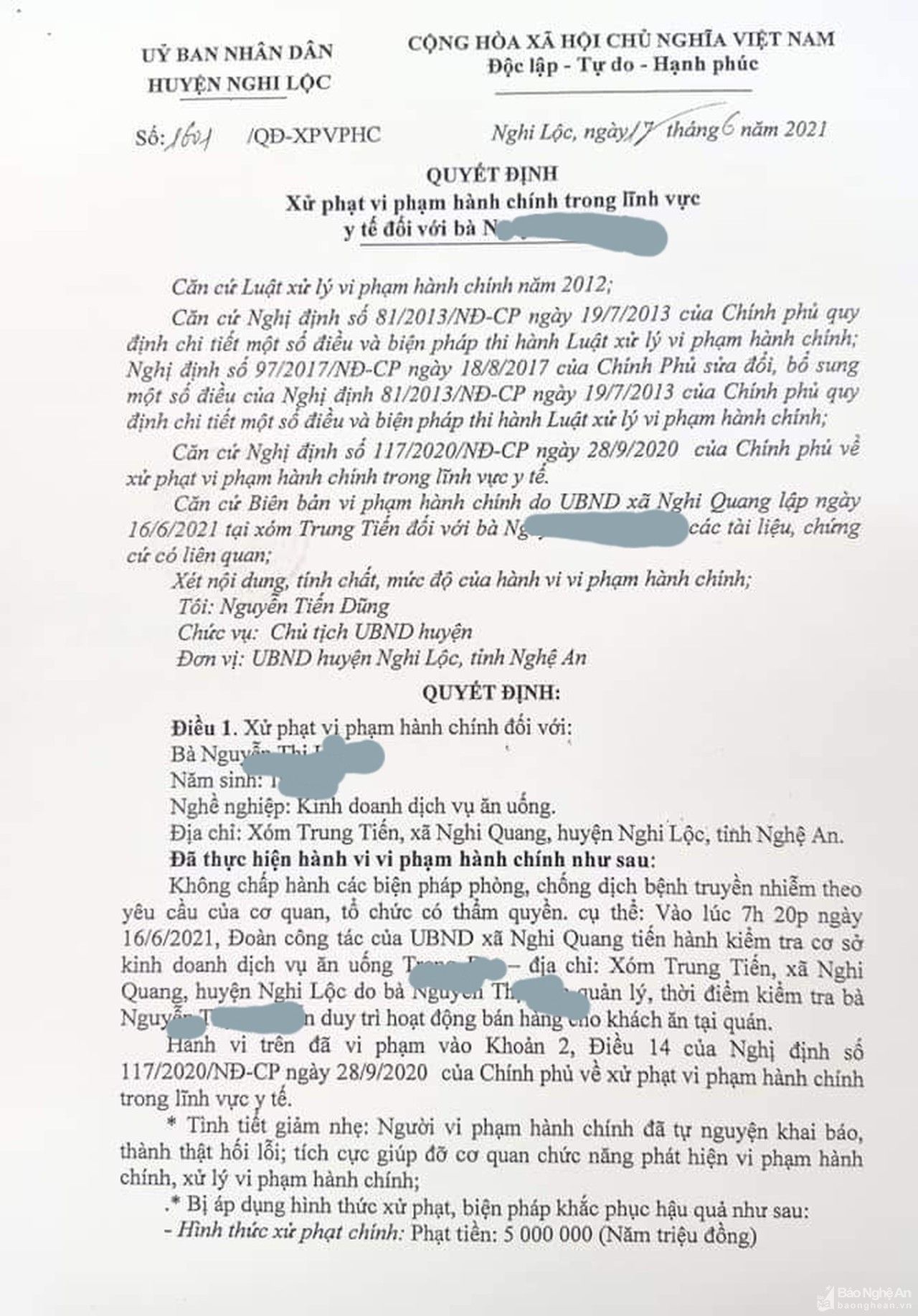 Xử phạt chủ quán ăn vì vi phạm quy định phòng, chống dịch Covid-19