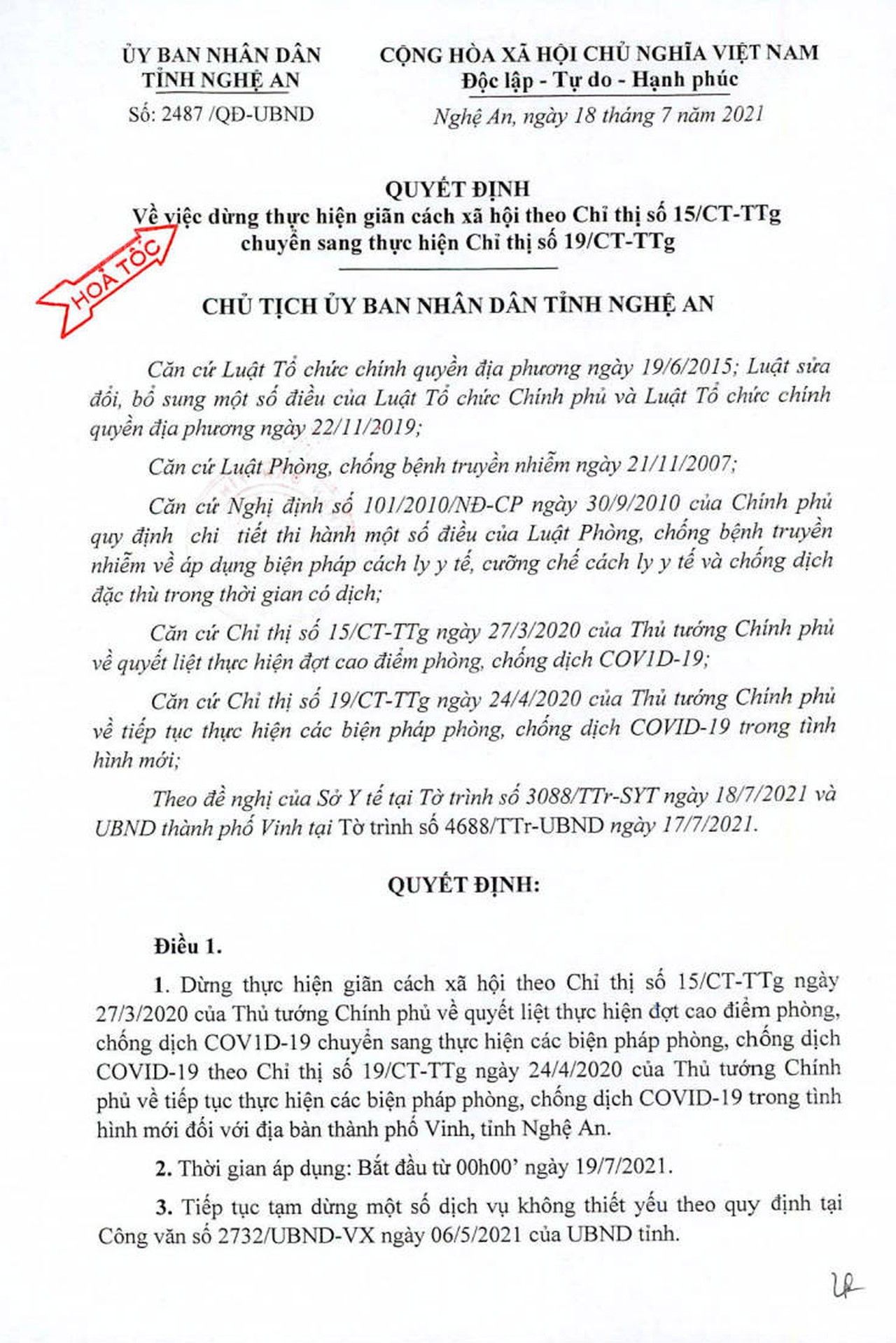 Từ 0h ngày 19/7, TP. Vinh áp dụng Chỉ thị 19 của Thủ tướng Chính phủ