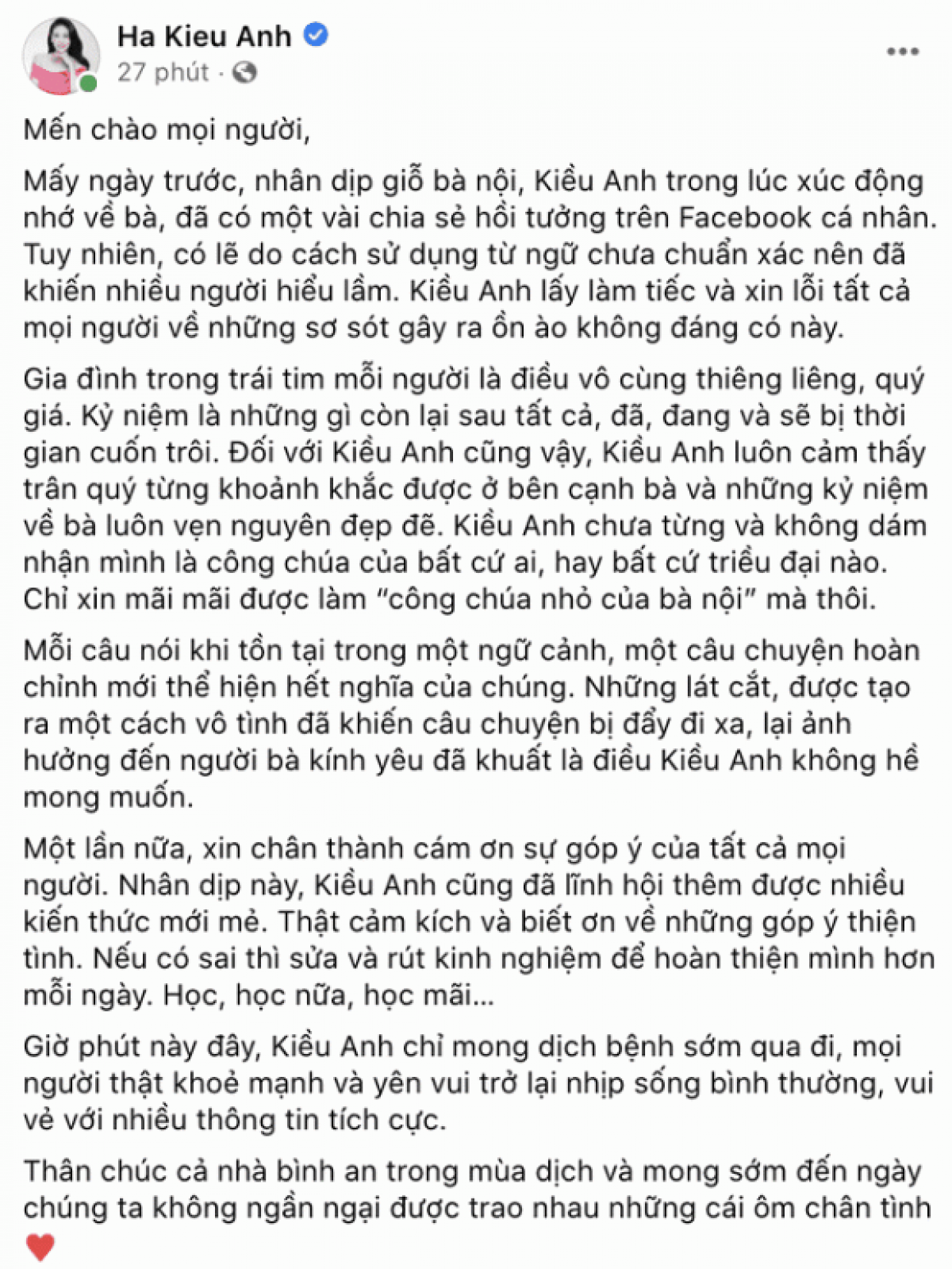 Hoa hậu Hà Kiều Anh lên tiếng xin lỗi về ồn ào tự nhận xuất thân "trâm anh thế phiệt"