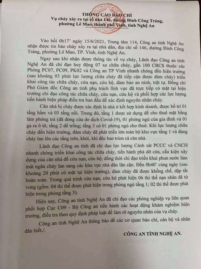 Vụ cháy phòng trà làm 6 người tử vong ở Nghệ An được dập tắt thế nào?