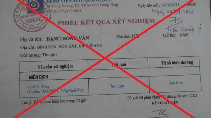 Khởi tố 2 đối tượng làm giả 67 giấy xét nghiệm Covid-19