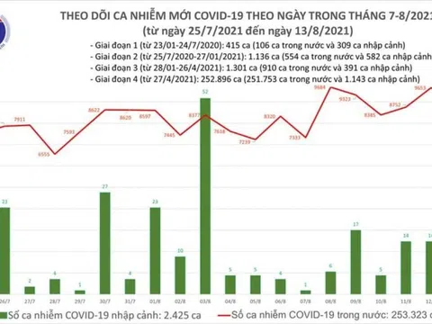 Ngày 13/8, Việt Nam có hơn 9.000 ca mắc COVID-19 mới, 275 người tử vong