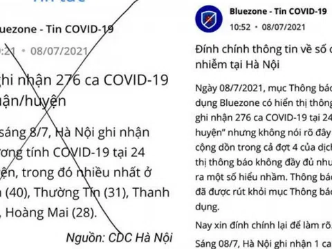 Bluezone đính chính đưa tin sai sự thật số ca nhiễm Covid-19 tại Hà Nội