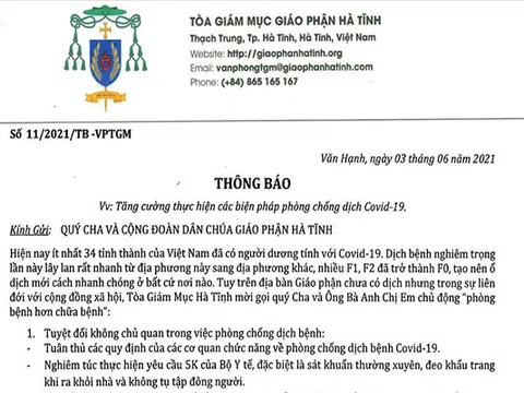 Tòa Giám mục Giáo phận Hà Tĩnh hoãn nhiều hoạt động quan trọng để chung tay phòng chống dịch Covid-19