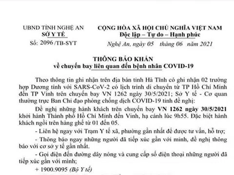 Nghệ An: Tìm người đi cùng 2 bệnh nhân COVID-19 trên chuyến bay VN 1262 ngày 30/5/2021