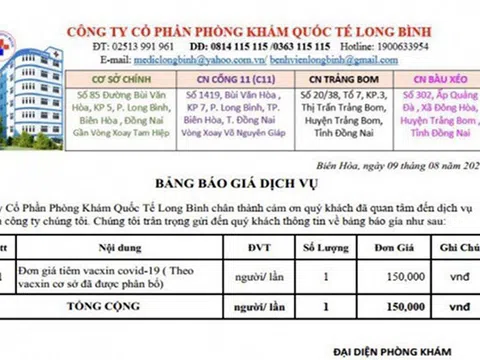 Một phòng khám tư tại Đồng Nai quảng cáo, đăng bảng giá tiêm vaccine Covid-19