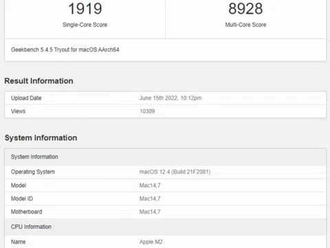 Kết quả điểm chuẩn đầu tiên của Apple M2 xuất hiện