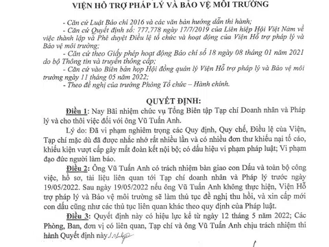 Viện Hỗ trợ pháp lý và Bảo vệ môi trường bãi nhiệm chức vụ, công tác đối với ông Vũ Tuấn Anh - Tổng Biên tập Tạp chí Doanh nhân và Pháp lý