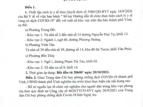 Tỉnh Nghệ An thiết lập khu vực cách ly y tế trên địa bàn thành phố Vinh