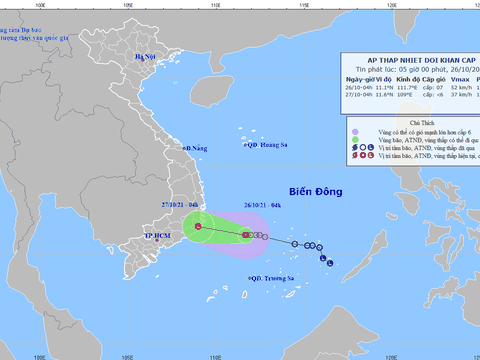 Áp thấp nhiệt đới di chuyển vào Khánh Hòa - Bình Thuận và đang suy yếu