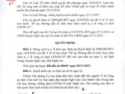 Dừng cách ly y tế trên địa bàn xã Nghi Trung, huyện Nghi Lộc từ 0h ngày 8/11