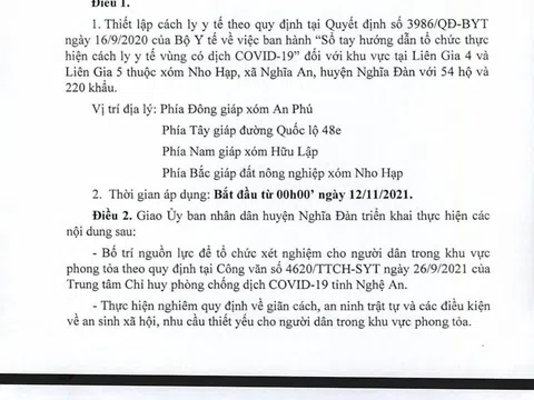 Thiết lập cách ly y tế trên địa bàn xã Nghĩa An, Nghĩa Đàn từ 0h ngày 12/11