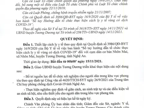 Thiết lập cách ly y tế trên địa bàn xã Nhôn Mai, Tương Dương từ 0h ngày 15/11