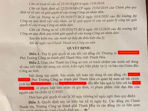 Một Phó trưởng Công an TP Thanh Hóa bị vợ cũ tố cáo có quan hệ ngoài luồng