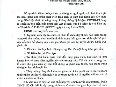 UBND tỉnh nghiêm cấm dạy thêm, học thêm dưới mọi hình thức trong thời gian học sinh nghỉ hè năm 2022