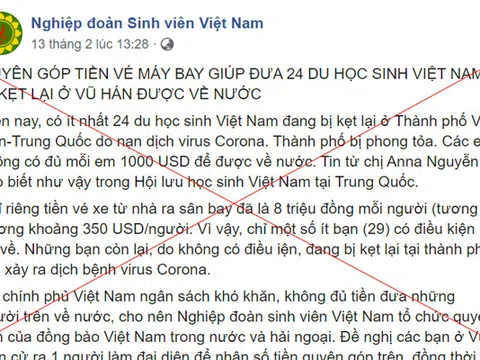 Bộ GD-ĐT lên tiếng về thông tin giả mạo kêu gọi quyên góp tiền để đưa 24 du học sinh Việt mắc kẹt ở Vũ Hán về nước