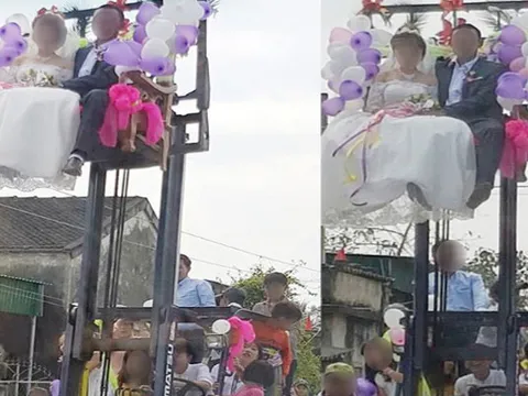 Nghệ An: Màn rước dâu bằng xe nâng cao quá mái nhà khiến dân mạng "thót tim"