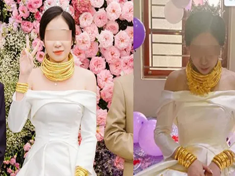 Cô dâu Bắc Ninh đeo vàng trên cổ không hết, phải cầm trên tay bước đi nặng nhọc trong đám cưới