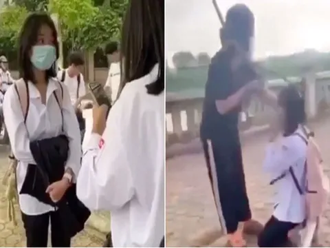 Nữ sinh bị đánh hội đồng ngay bên đường, quỳ gối xin lỗi vẫn bị túm tóc tát tới tấp